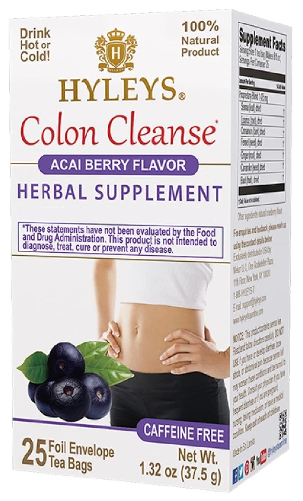 HYLEYS Colon Cleanse Tea, Acai Berry Flavor - 25 Individually Wrapped Herbal Tea Bags - Caffeine Free, Gluten Free