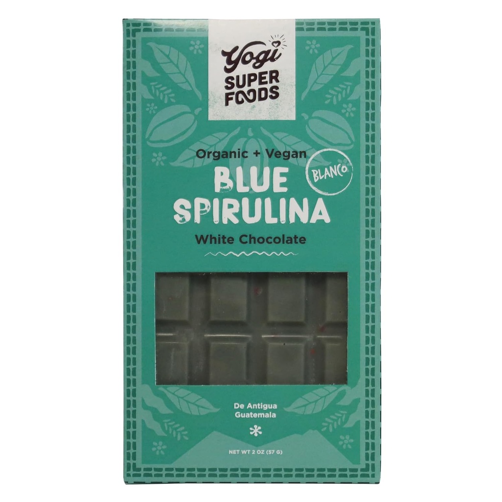 Yogi Super Foods Vegan White Chocolate Blue Spirulina Bar, gezond en biologisch voor energie Boost gemaakt van rauwe cacaoboter, glutenvrije Haver, gezoet met Panela Suiker, Macadamia Noten - 1 Bar