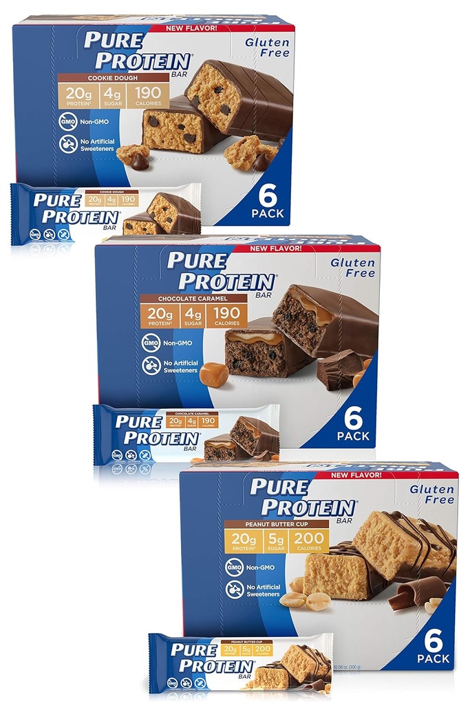 Pure proteïnerepen, hoge proteïne, voedzame snacks ter ondersteuning van energie, lage suiker, glutenvrij, Glutenvrij Variety Pack(Cookie Dough/Choc Caramel/Peanut Butter Cup), 1,76 oz, Pack van 18