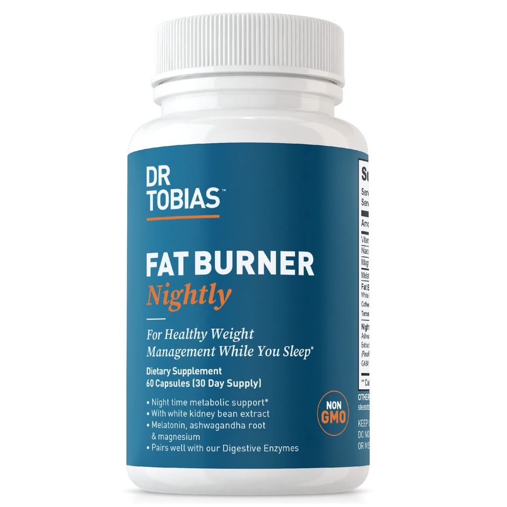Dr Tobias Fat Burner Nightly - Soutien métabolique de nuit avec extrait de haricot blanc, racine d'Ashwagandha, extrait de café vert et Melatonin (60 capsules 30 jours)