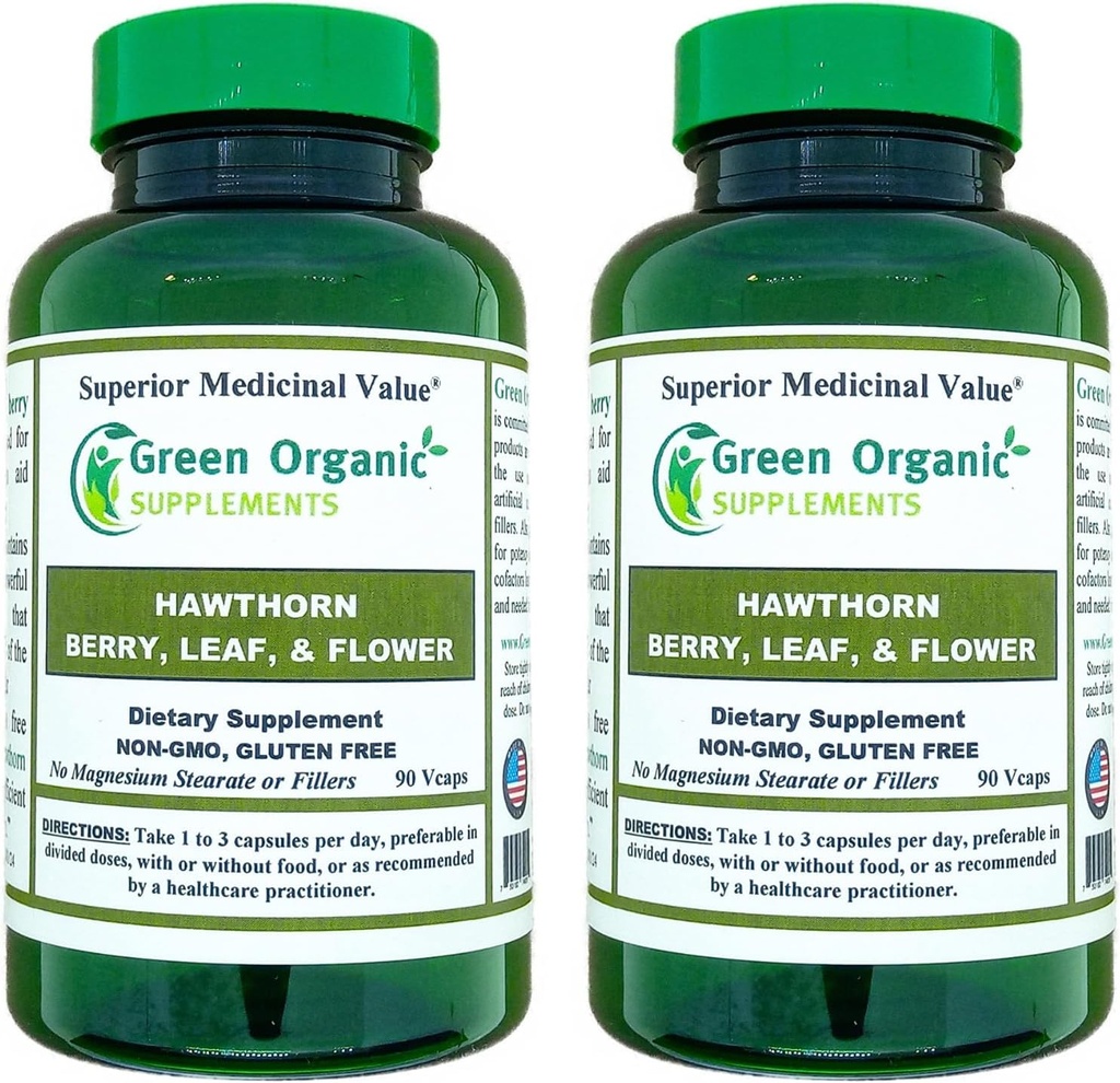 Groene Organische Supplementen Hawthorn Berry Capsules, Blad, Bloem, Hawthorn Supplementen Bevat 90 Capsules, Natuurlijke Hawthorn Kruiden voor Cardiovasculaire Gezondheid en Natuurlijke Hartzorg (Pack of 2)