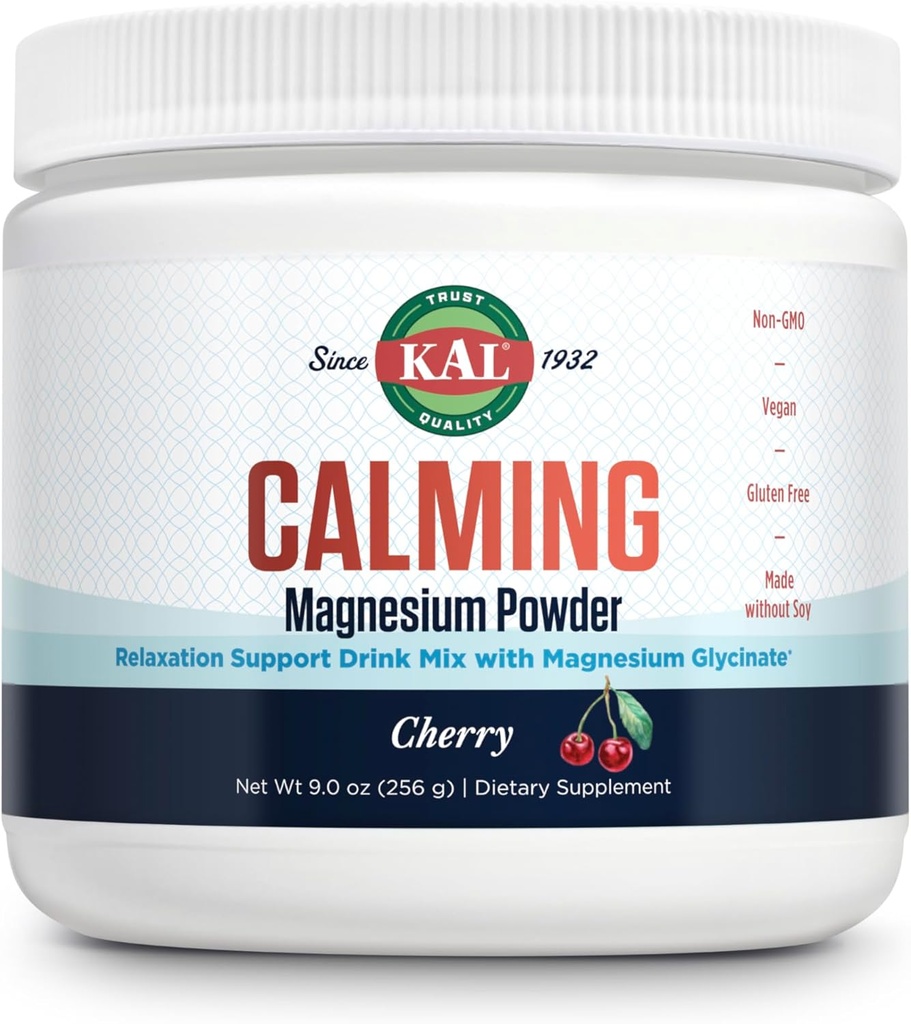 KAL Calming Magnesium Poeder - Cherry Flavor Magnesium Supplement - Hoge Absorptie, Ontspanning Ondersteuning, Geen toegevoegde suiker, Veganist, Glutenvrij, Made Without Soy - 40 Servings, 9 oz