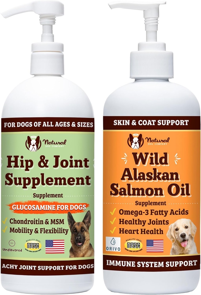 Natural Dog Company 32 oz. Bundel met Wilde Alaska zalmolie en vloeibare Glucosamine voor honden, visolie supplement, gezamenlijke en hiep ondersteuning