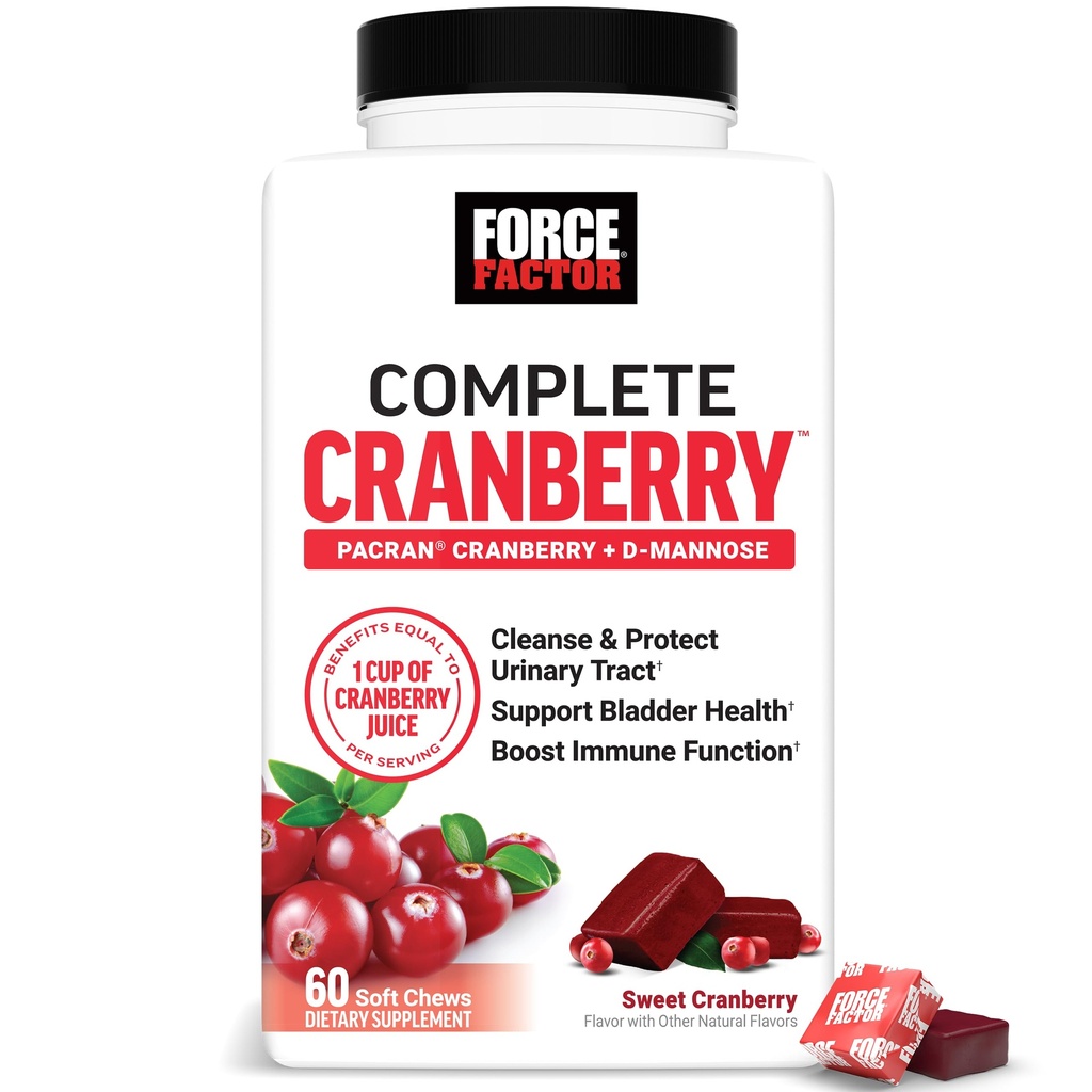 FORCE FACTOR Cranberry Zachte Kauwen, Cranberry Supplement met D Mannose en Cranberry Extract te ondersteunen Blader en urinetrek gezondheid voor vrouwen, Veganist, Sweet Cranberry Flavor, 60 Zachte Kauwen