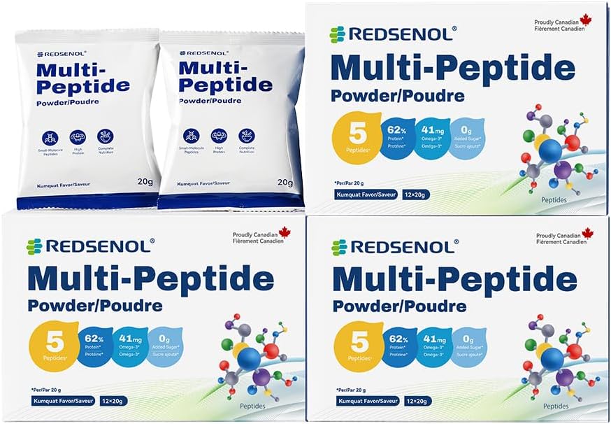 Multi-Peptidepoeder, 5 Small-Molecule Protein Peptiden: Soja, Ovalbumine, Wei, Zeekomkommer en Shiitake Peptiden,100% Absorptie, 62% Proteïne, Omega 3 &6, Vitaminen & Mineralen (3 Dozen)
