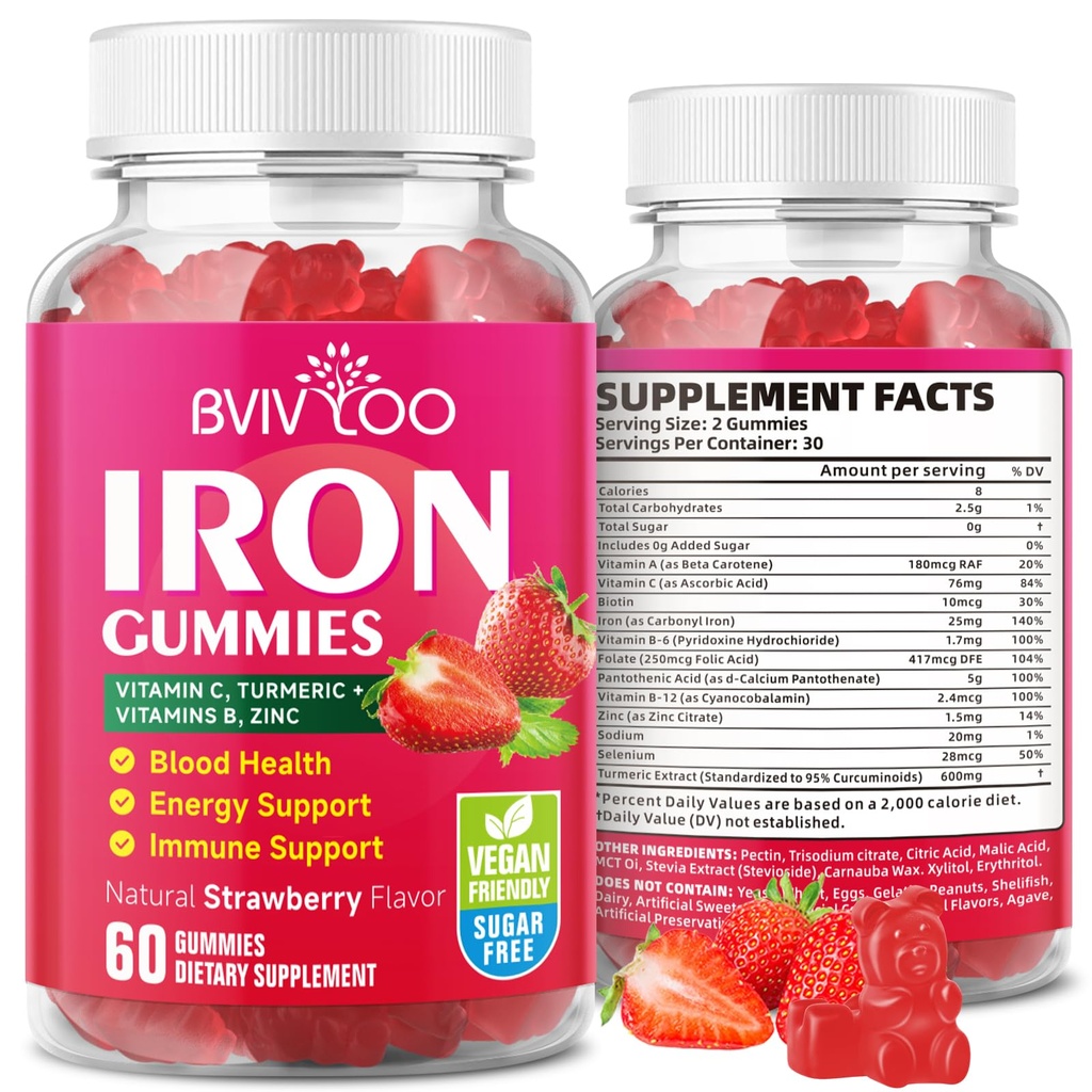 Gommies de fer végétalien pour adultes et enfants - avec vitamine C, A, complexe B, folate, zinc et biotine - pour la construction de sang et le soutien énergétique, 60 Gommies