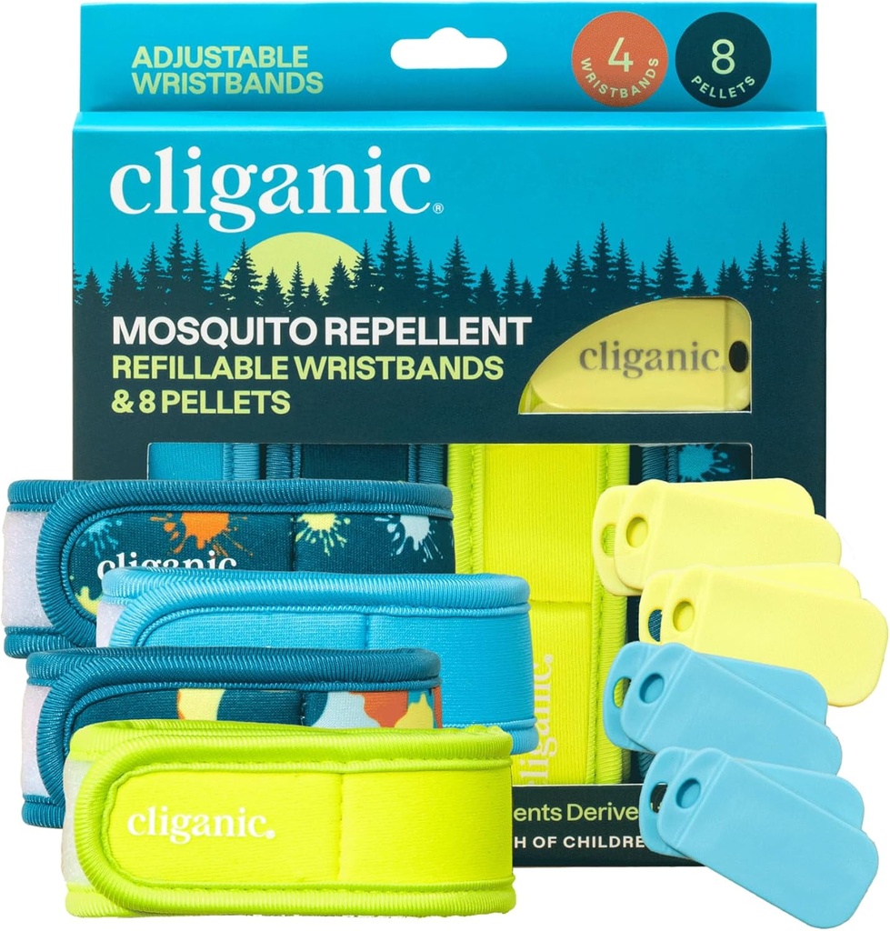Cliganic Mosquito Afstotend Pack (4 Polsbandjes + 8 Refill Pellets) - Verstelbare, natuurlijke DEET-Free, Essentiële Olie Geïnfundeerd