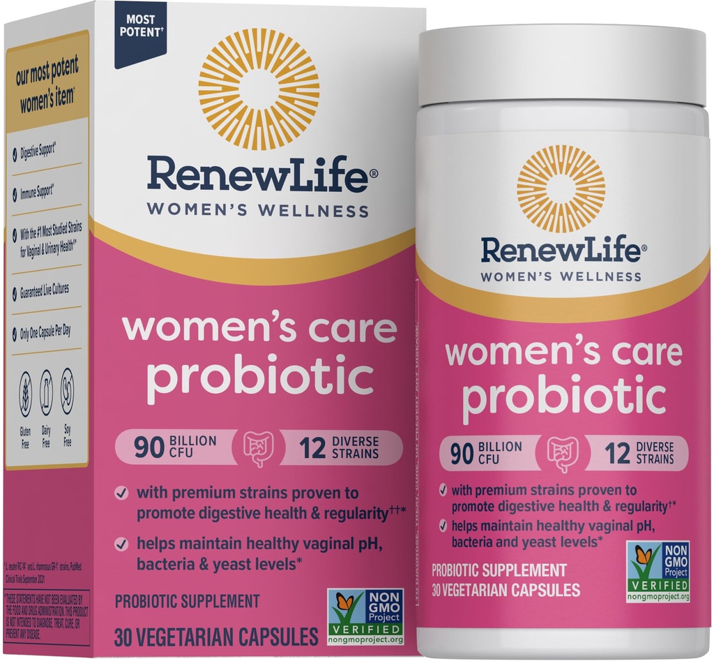 Renew Life Women's Probiotic Capsules, Ondersteunt pH-balans voor vrouwen, vaginale, urine, spijsverterings- en immuungezondheid, L. Rhamnosus GG, zuivel, soja en glutenvrije, 90 miljard CFU - 30 Ct