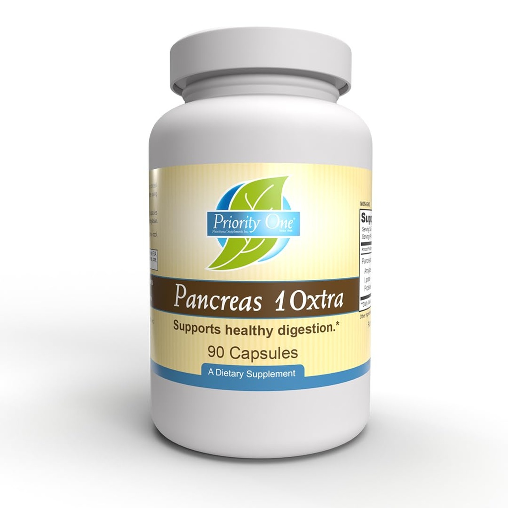Prioriteit One Vitaminen Pancreas 10xtra 90 Capsules - Pancreasenzymen amylase, lipase en protease Natuurlijke ondersteuning Gezonde spijsvertering.*