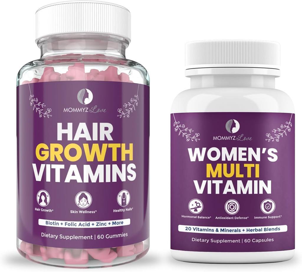 Mommyz liefde postpartum haarverlies vitamine - Biotin Gummies voor haargroei, stralende huid en sterke nagels Plus Womens dagelijkse multivitaminen voor de gezondheid van vrouwen, energie, focus en Mood