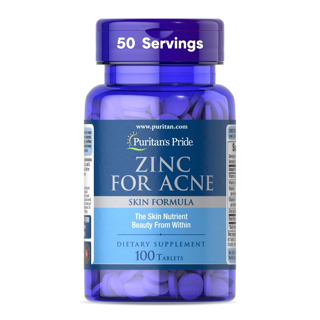 Puritan's Pride Zink voor Acne huidformule met vitamine C, B-6, A en E voor mannen en vrouwen, Dieetsupplement voor heldere gezonde huid, immuunsysteem, celdeling en groeiondersteuning, 100 tabletten
