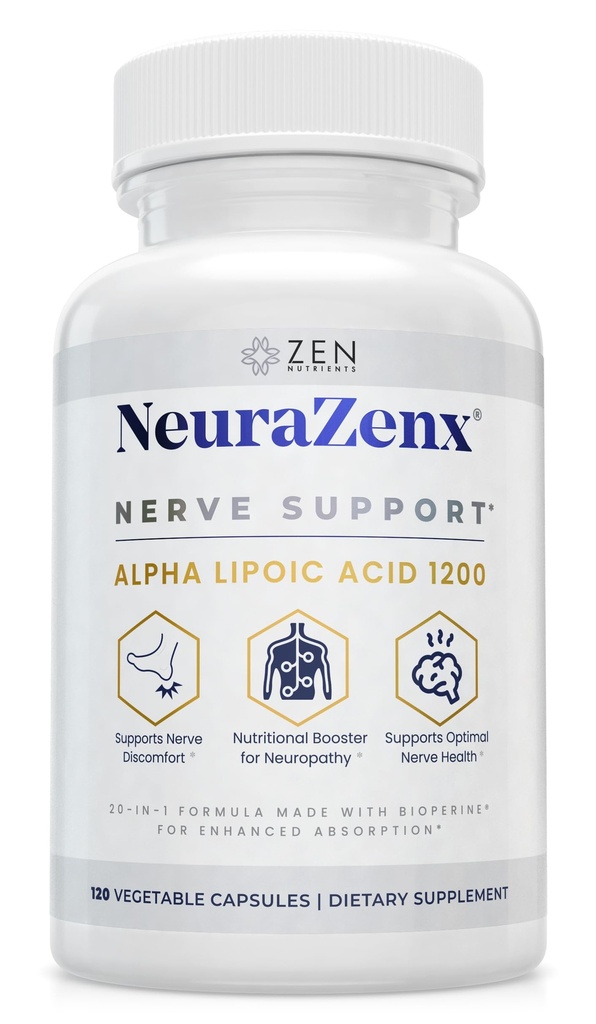 Zen Nutrients NeuraZenX Nerve Support & Périphérique Neuropathy Support Supplément avec Acide alpha lipoïque (ALA) 1200mg, Benfotiamine, L-Carnitine et Turmeric