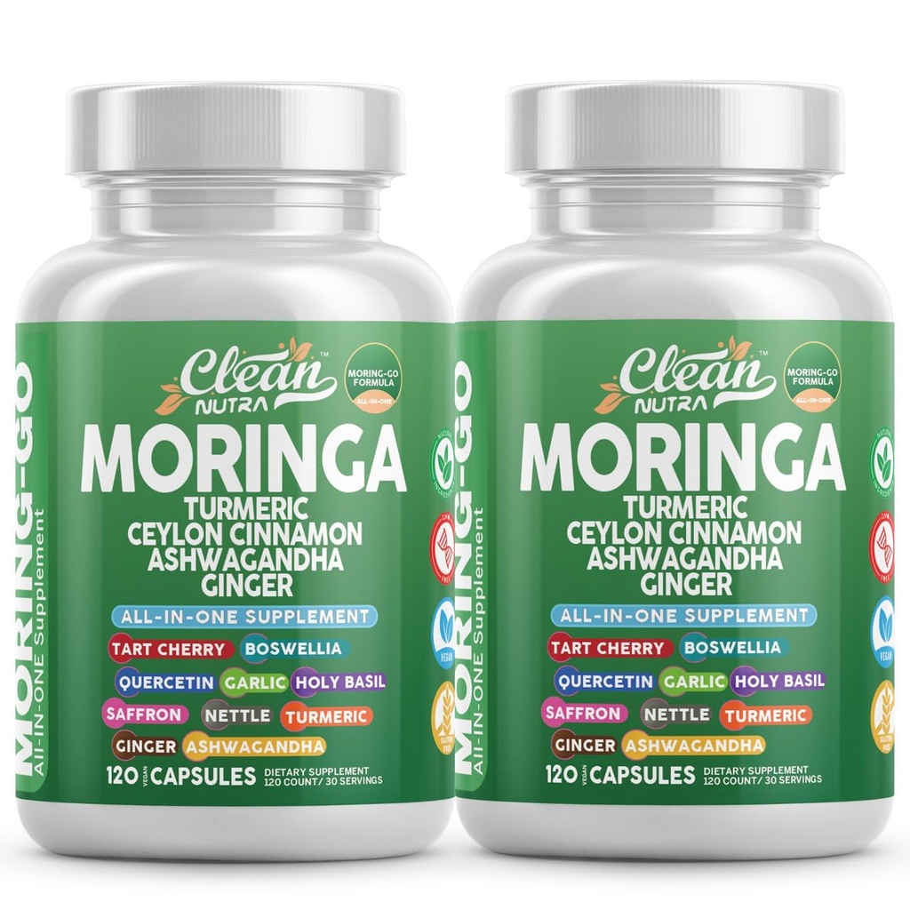Moringa Poudre Capsules + Turmeric Moringa Feuille Ceylan Cinnamon Ashwagandha Ginger Tart Cherry Boswellia Quercetin Ail Saint Basilic Safran Nettle Noir Pepper Moring-Go Supplément Par Nutra propre (2)