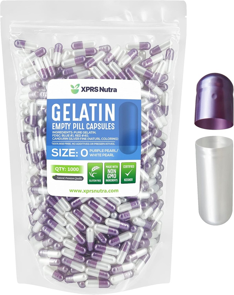 XPRS Nutra Formaat 0 Lege capsules - 1000 Telle Lege Gelatine Capsules - Pillen DIY Capsule Vulling - Pure Bovine Pillen Gel Caps for Do-It-Yourself Supplements (Parel Paars/Wit)