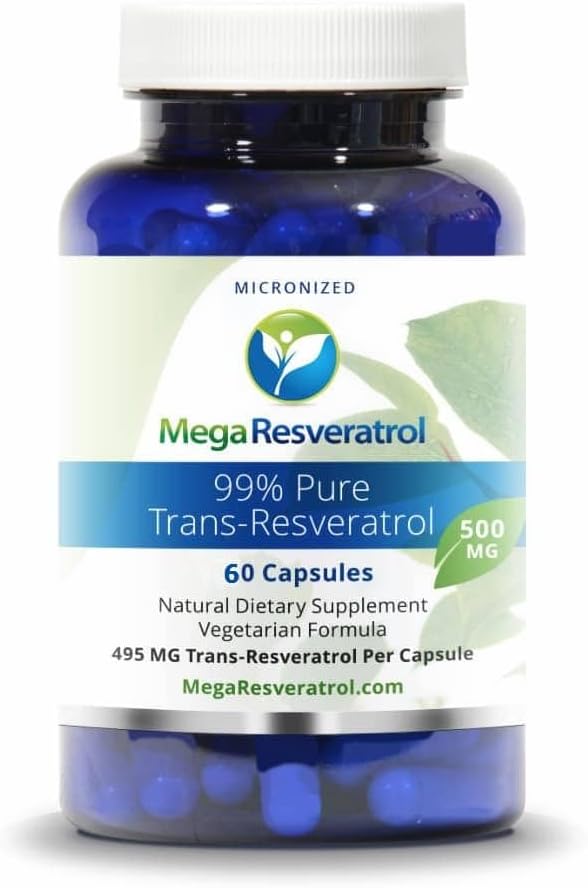 Mega Resveratrol, Pharmaceutical Grade,99% Pure, Isolaat, Micronized Trans-Resveratrol, 60 Veggie Caps, 500mg per capsule. Zuiverheid gecertificeerd. Absoluut GEEN Toxic 