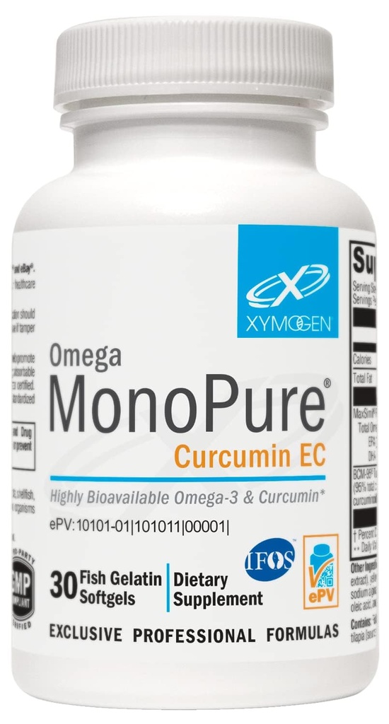 XYMOGEN Omega MonoPure Curcumin EC - Visolie met verbeterde DHA EPA Absorptie + Kurkuma Extract - Omega-3 Supplement voor Cytokine Balance Support (30 Softgels)