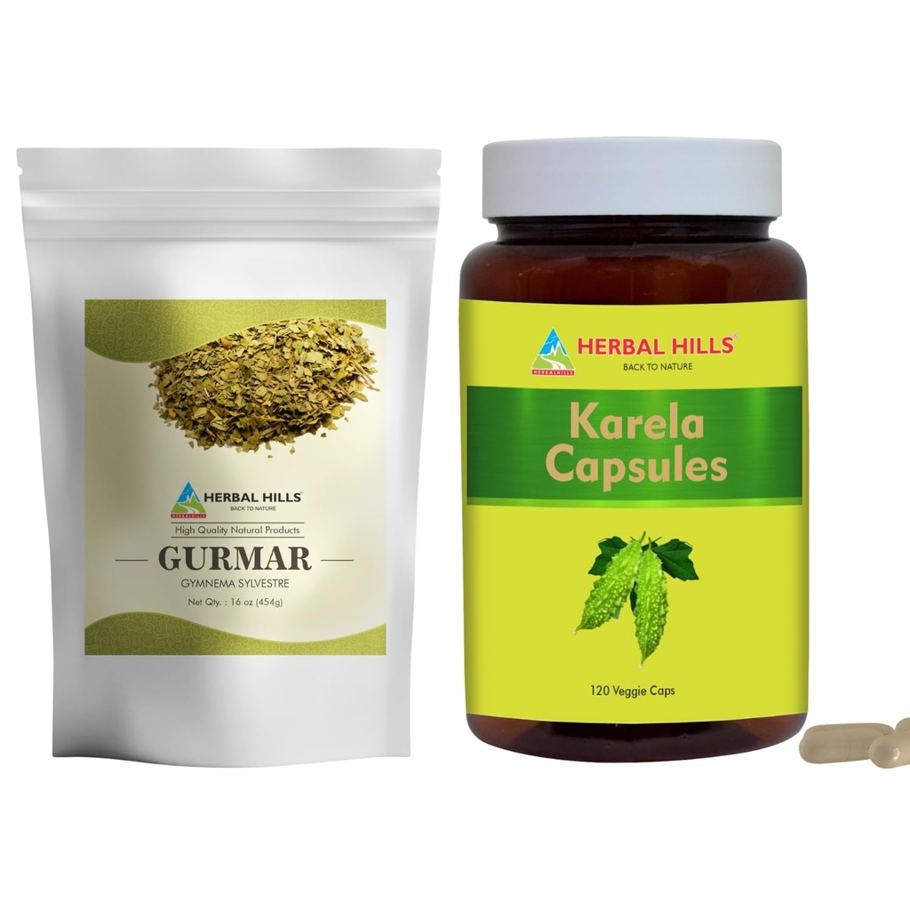 HERBAL HILLS Gurmar Theepoeder en Karela Capsules Verpakking van 2 Combo
