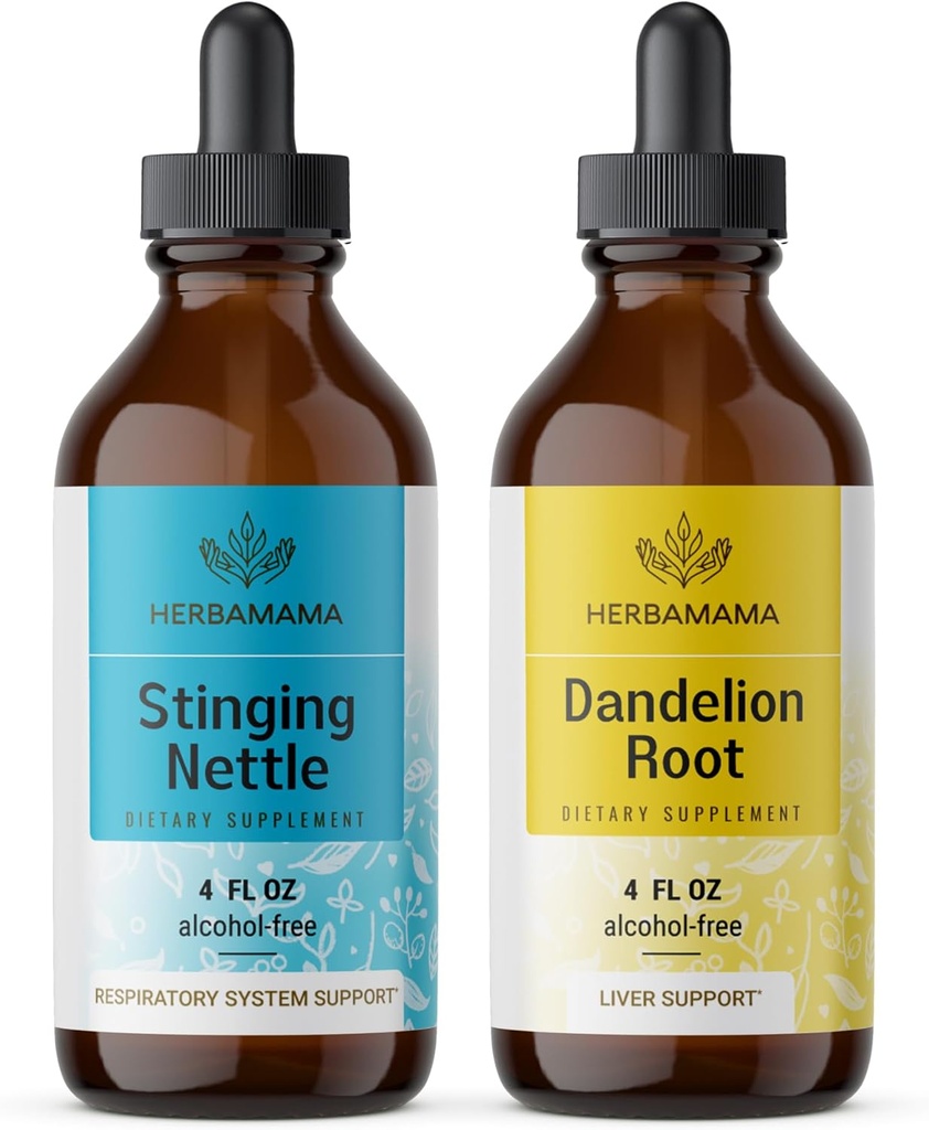 HERBAMAMA Herbal Liquid Drops Kit - Bundle of Stinging Nettle & Dandelion Root Tinctuur 4 fl oz - Vegan, Non-GMO, Sugar & Alcohol-Free - 2 Pack