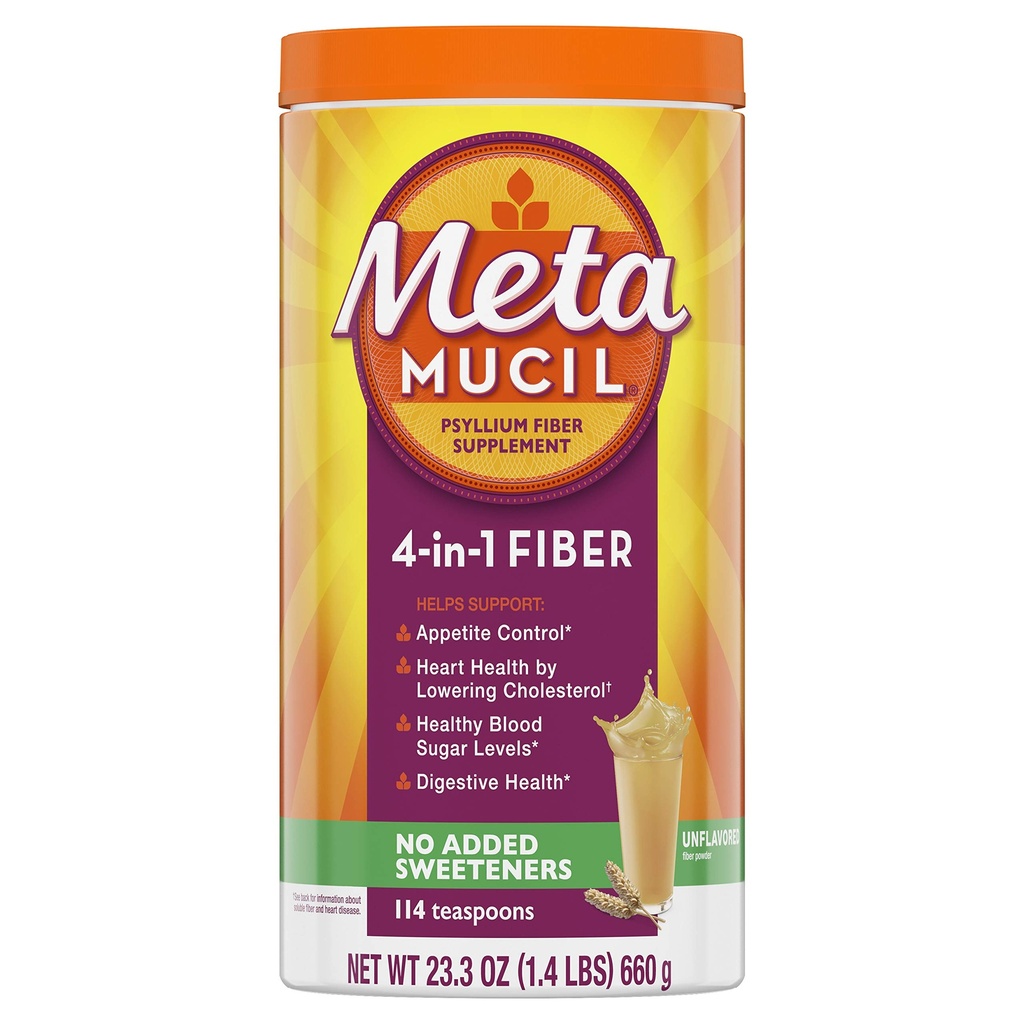 Fibre de métamucil, supplément de fibre de Psyllium 4-en-1, poudre sans sucre, boisson non aromatisée, 114 portions (paquetage mai Vary)