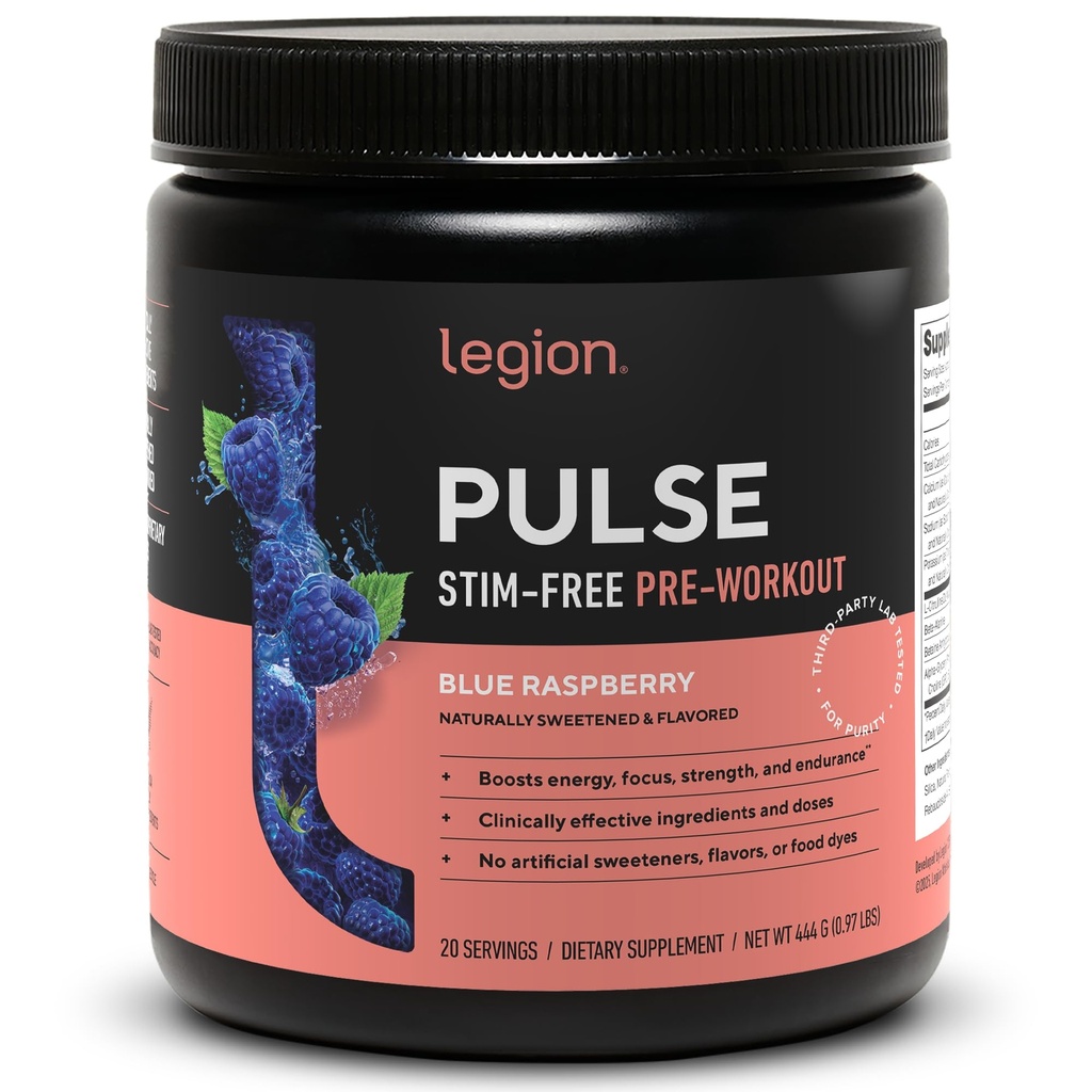 LEGION Pulse Pre Workout Supplement - Alle natuurlijke Nitrik Oxidatie Voorworkout Drink om energie te stimuleren, Creatine Gratis, Natuurlijk Gezoet, Beta Alanine, Citrulline, Alpha GPC (Cafeine Free Blue Razz)