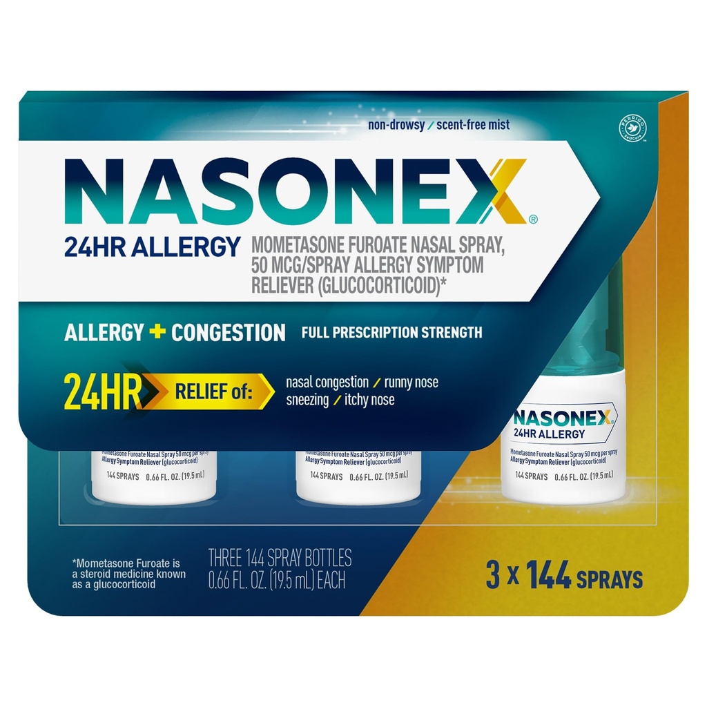 Nasonex 24HR Allergie Vaporisateur nasal, non somnolence, brume sans parfum, symptômes d'allergie + congestion nasale, force d'ordonnance complète, 120 sprays (3 pack)