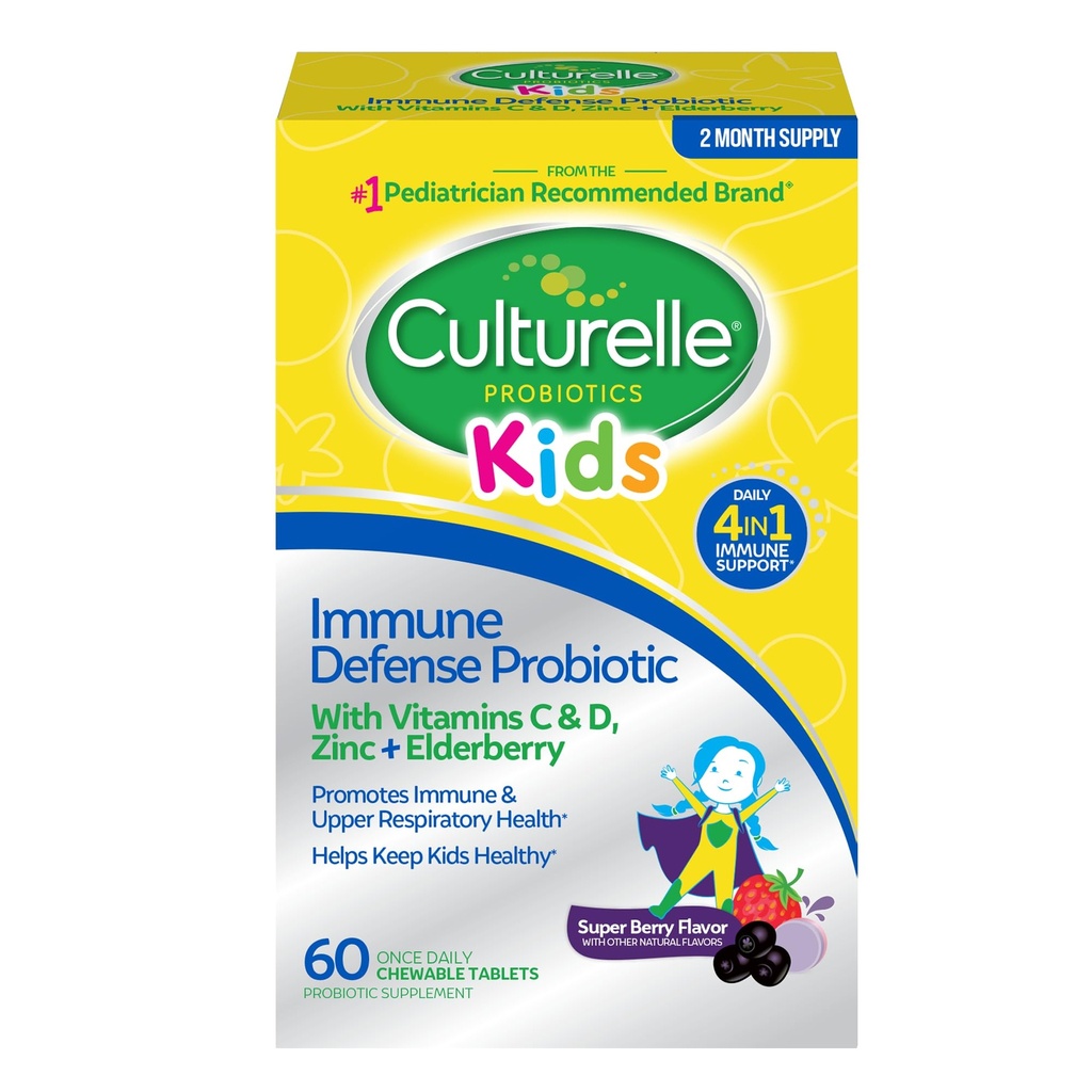 Culturelle Immune Defense Probiotic met vitamine C, vitamine D en zink + vlierbes, non-GMO, 4-in-1 Immune Ondersteuning voor kinderen leeftijden 3+*, gemengde Berry kauwtabletten, 60 Tellen