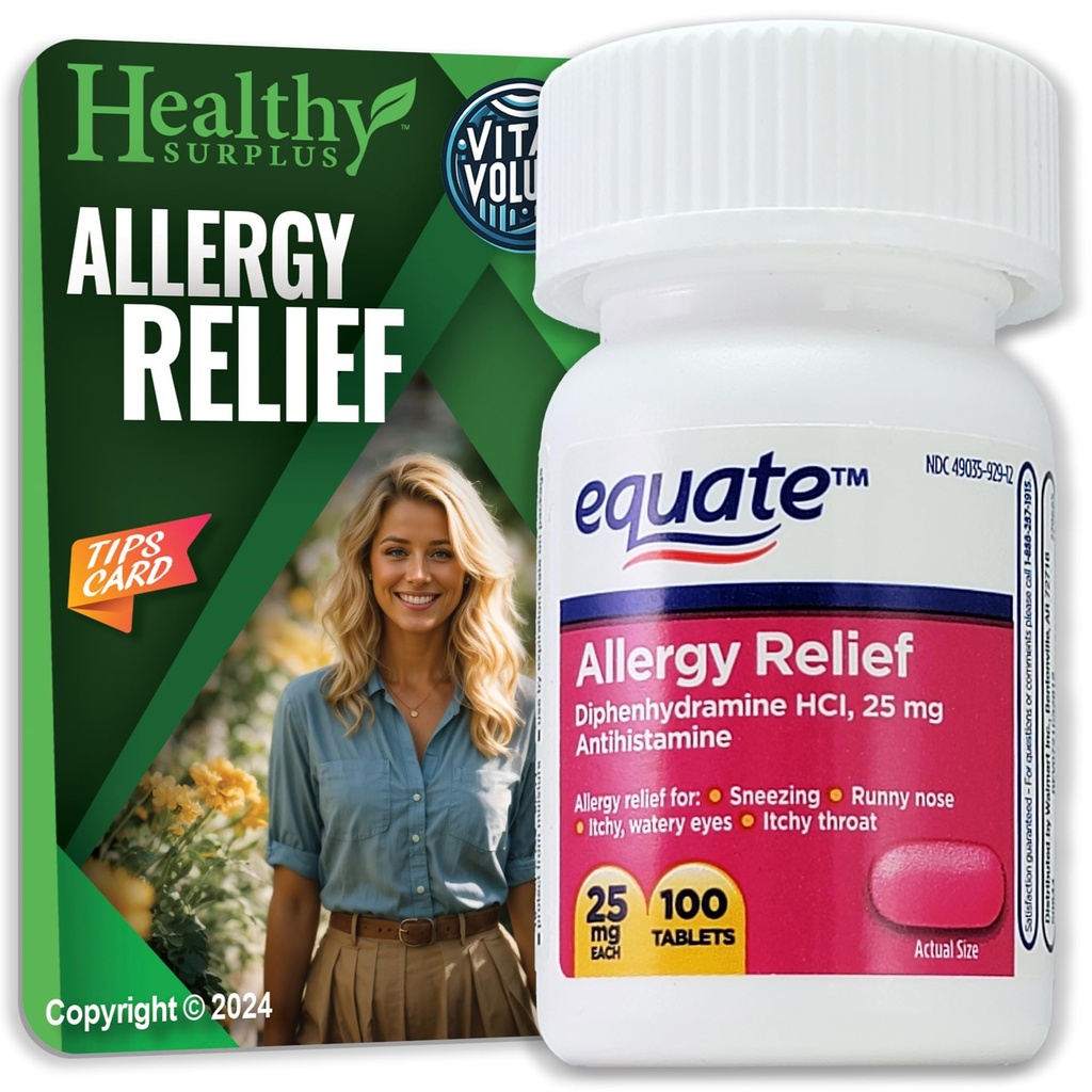 Healthy Surplus® Vital Volumes Conseils Carte et équateur Allergie Relief Diphénhydramine HCL, 25 mg 100 comprimés