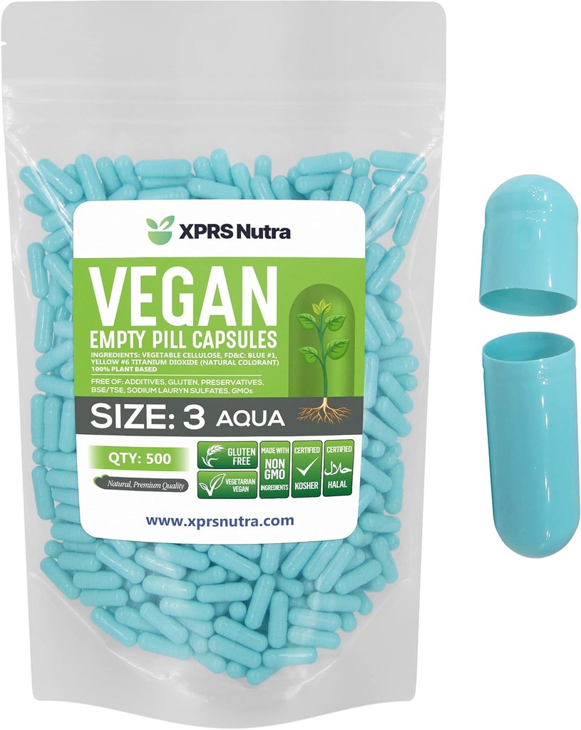 XPRS Nutra Maat 3 Lege Capsules - 500 Graaf Lege Vegan pillen - Vegetarische pil - DIY plantaardige Capsule Vulling- Veggie pilscaps (Aqua)
