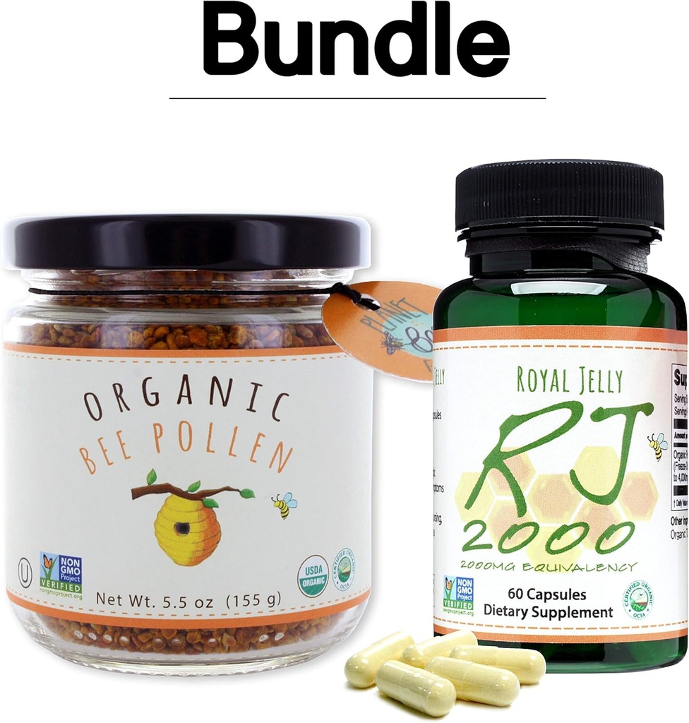 Greenbow Biologische Bijenpollen - 100% USDA Gecertificeerde Biologische, Pure, Natuurlijke Bijenpollen - Superfood Verpakt met Proteïnes, Vitaminen en Mineralen - 155g Royal Jelly 2000mg 60 caps