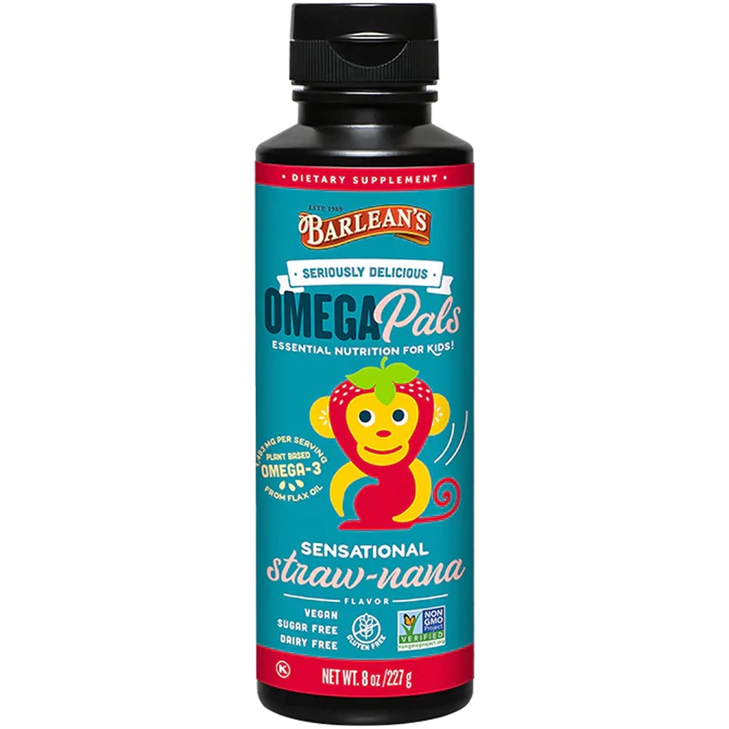 Barlean's Omega Pals Omega 3 voor kinderen, Yummy Straw-Nana Flavored Children's Liquid Flax Seed Oil Supplement met 1,483 mg ALA, Non-GMO, Vegan Brain and Eye Health, 8 oz