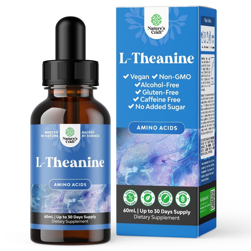 Natures Craft High Absorption L-Theanine gouttes liquides - Nootropic Focus Supplément avec L Theanine 200mg par portion et extrait de camomille - Supplément pour adultes et enfants Relaxation et Focus - 2oz