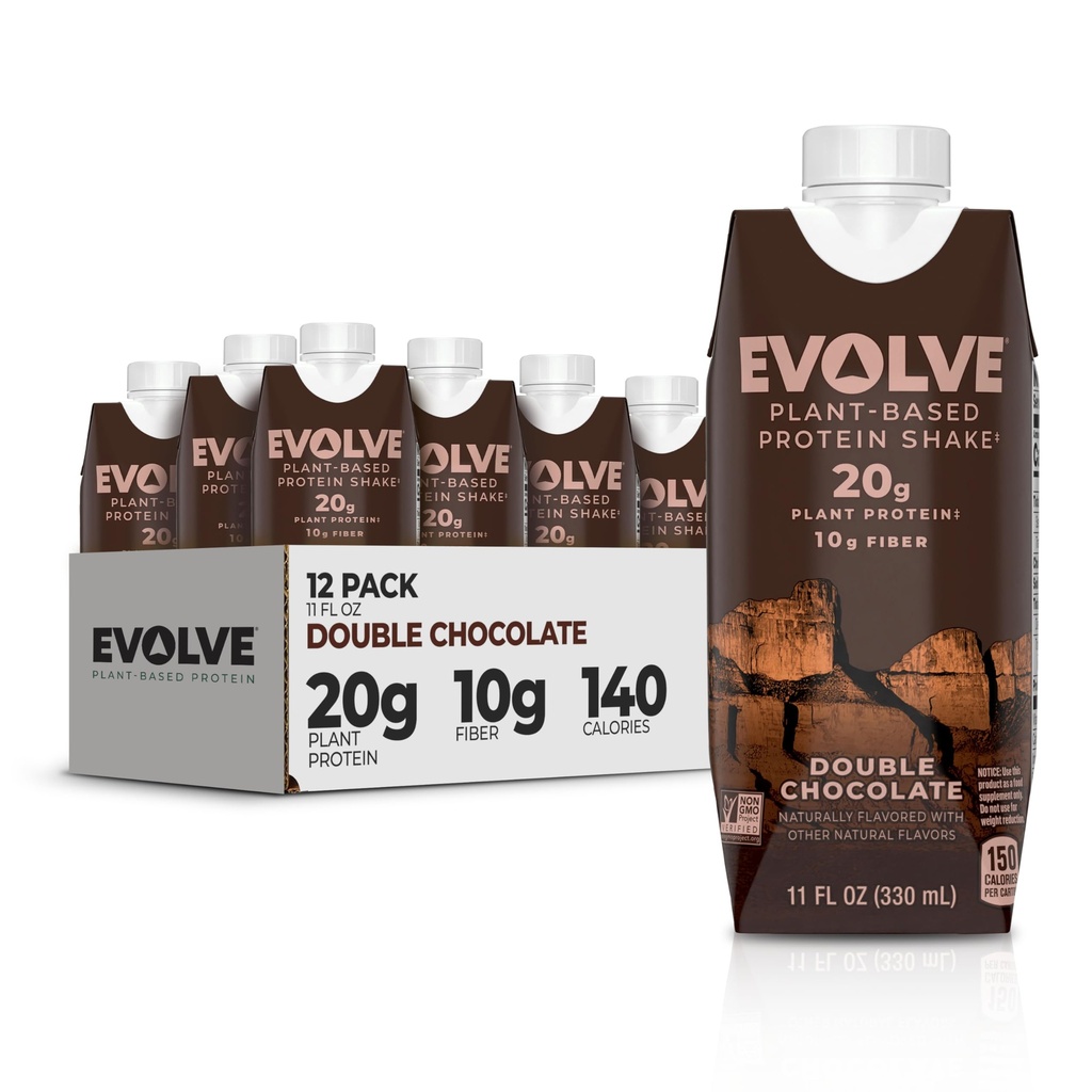 Evolve Plant Based Protein Shake, Double Chocolate, 20g Vegan Protein, Dairy Free, No Artificial Sweeteners, Non-GMO, 10g Fiber, 11 Fl Oz (pakket van 12) - (Formule mei Vary)