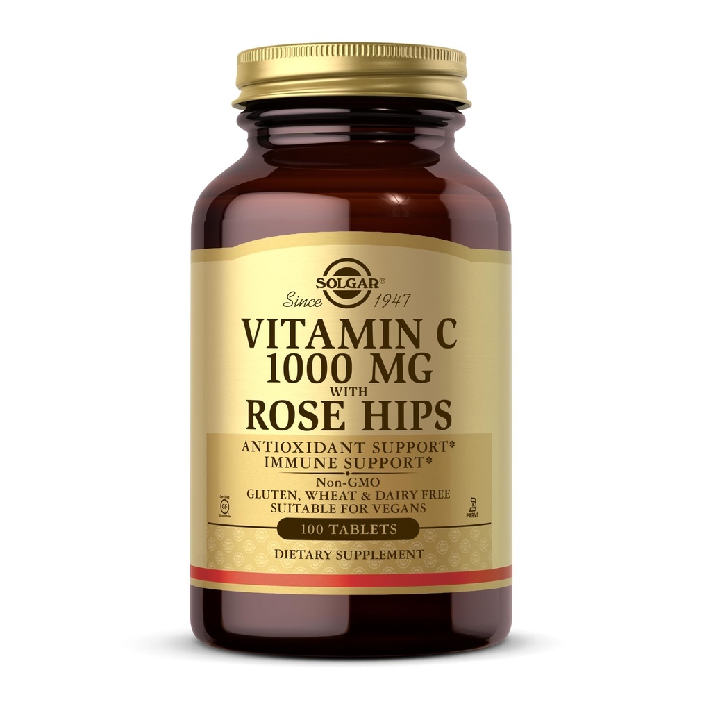 Solgar Vitamine C 1000 mg met Rose Hips - 100 tabletten - Antioxidant & Immune Support - Non-GMO, Veganistisch, Glutenvrij, Zuivelvrij, Kosher - 100 porties