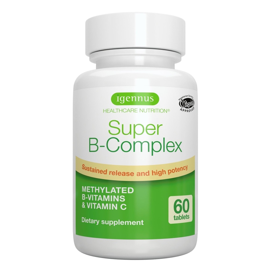 Igennus Super B-complex-gemethyleerde B-vitaminen - Sustained Release, Clean Label & High Absorptie, with 5-MTHF Folate & Methyl B12, Energy, Mood & Cognitive Performance, Lab Verified, 60 Small Tablets