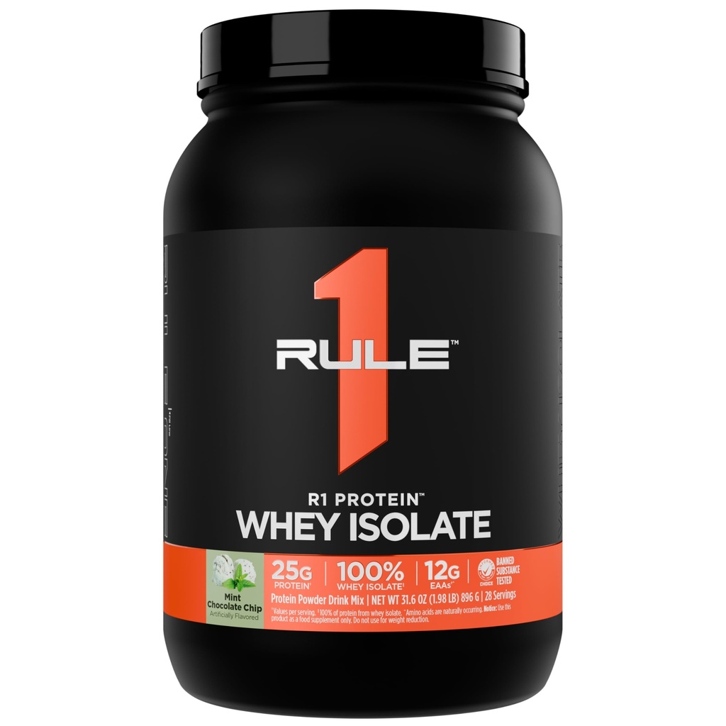 Artikel 1 R1 Proteïne Wei-isolaat - met 25g proteïne & 6g BCAA uitsluitend afkomstig van geïsoleerde en gehydrolyseerde bronnen voor workoutherstel (2 pond*, muntchocoladechip)