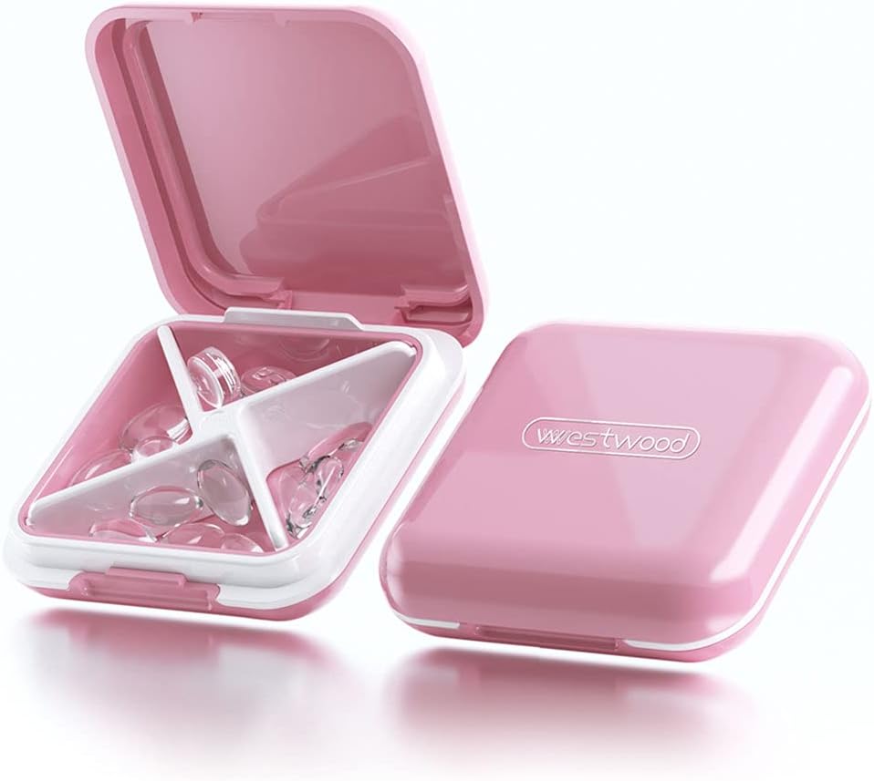 Kleine pil Box, Travel Pill Case, Dtouayz Portable Medicine Organizer, Vitamine en Medicatie Dispenser, Leuke Daily Pill Holder voor Purse of Pocket, Waterdichte 4 Compartiment Reizen Pillen Container Roze
