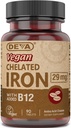 DEVA Fer chélaté végétalien avec supplément de vitamine B-12, supplément alimentaire, 29 mg, 90 Compte