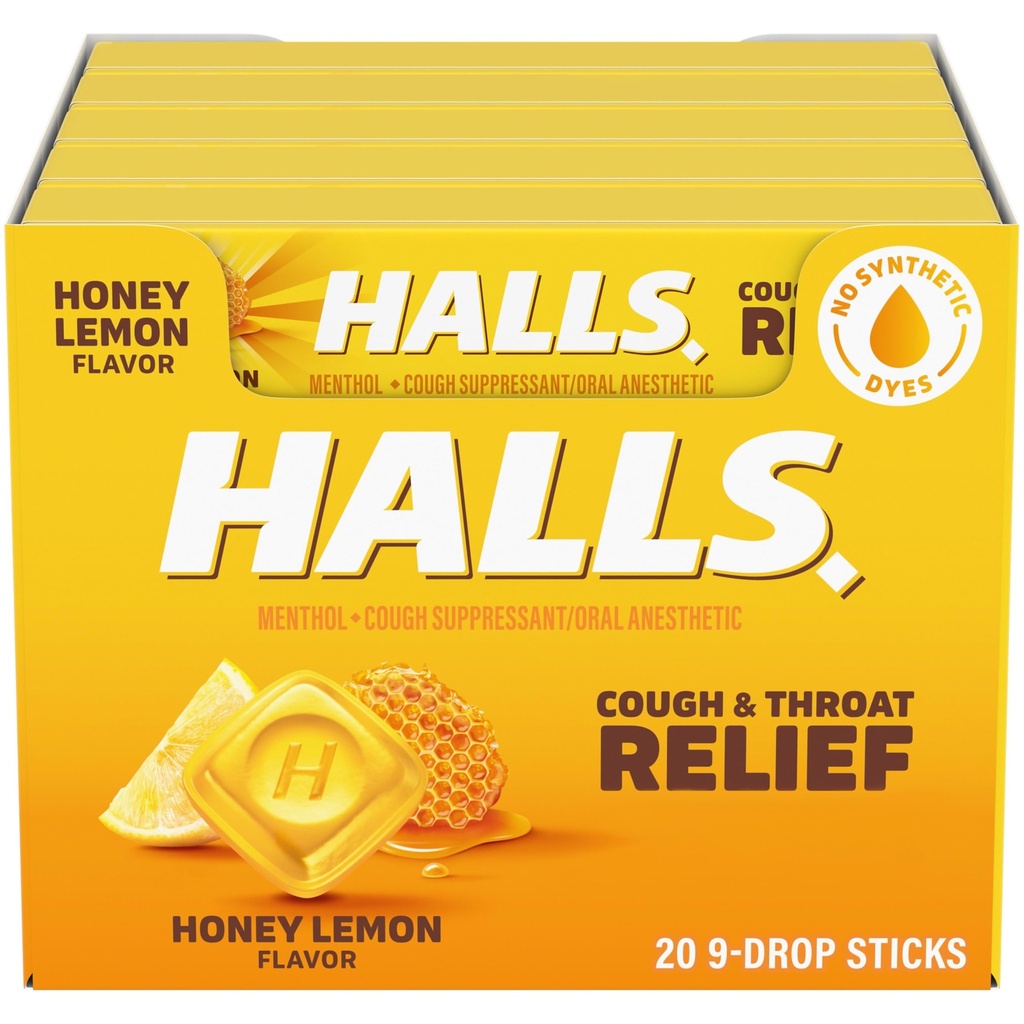HALLS Hoest en Throat Relief Honing Lemon Cough Drops, 20 sticks van 9 (180 Total Drops)