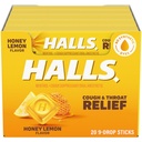 HALLS Hoest en Throat Relief Honing Lemon Cough Drops, 20 sticks van 9 (180 Total Drops)