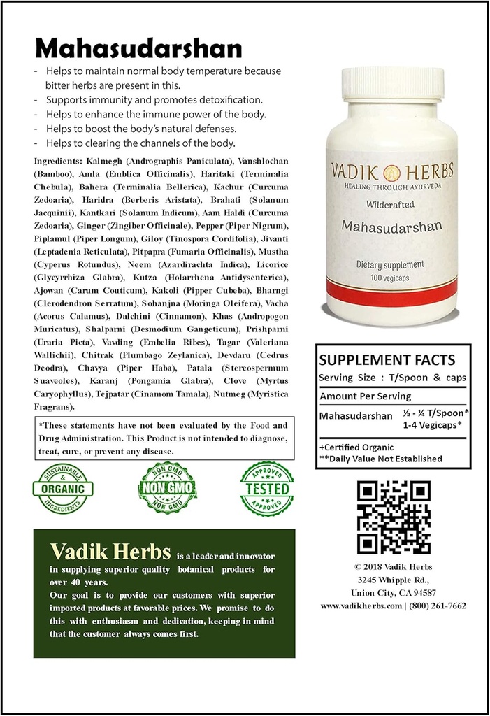 Certifié Bio Vadik Herbes Mahasudarshan Poudre 1lb. Pack=Supporte l'immunité et favorise la désintoxication, aide à maintenir la température normale du corps