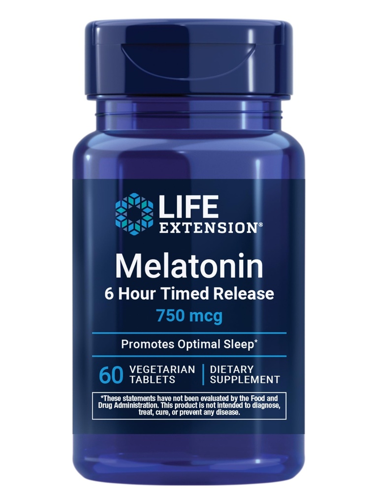 Life Extension Melatonine 6 Hour Timed Release, 750 mcg, Extended-Release Formula for Gentle Support, Gezonde circadiane ritmes, Cellular Defense, Gluten-Free, Non-GMO, Vegetarisch, 60 tabletten