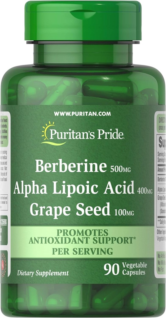 Puritan's Pride Berberine, Alpha Lipoic Acid & Grape Seed, bevordert antioxidant ondersteuning, 90 plantaardige capsules