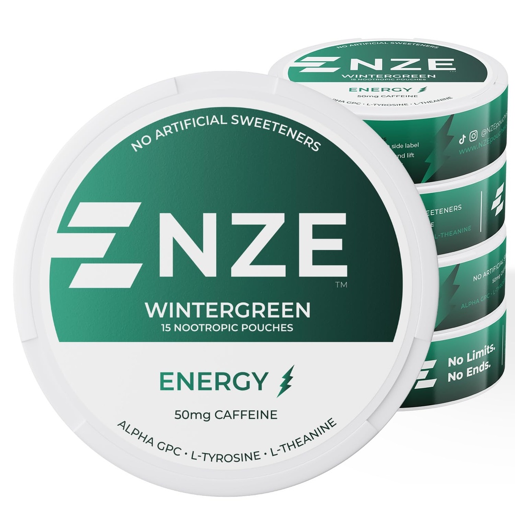 NZE Cafeïne Nootrope Zakjes (Wintergreen) - Energie zakjes met 50 mg Cafeïne, Alpha GPC, L-Tyrosine & L-Theanine zonder suiker of kunstmatige zoetstoffen - 15 zakjes per blik - 5 verpakking