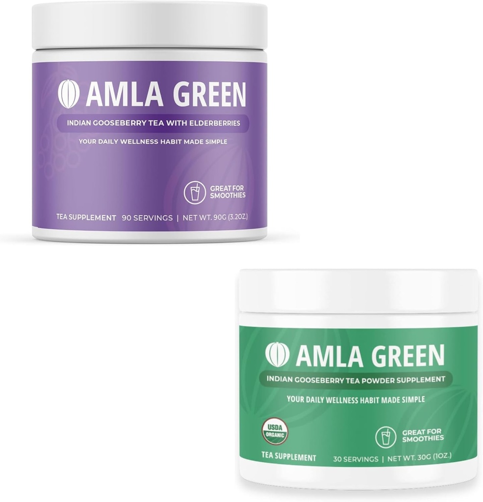Amla Powder & Green Tea Superfood Supplement, Antioxidant Support, Gemaakt met vlierbessen (90 Serves) & Indiase kruisbessen (30 Servers), Biologische, Veganistische