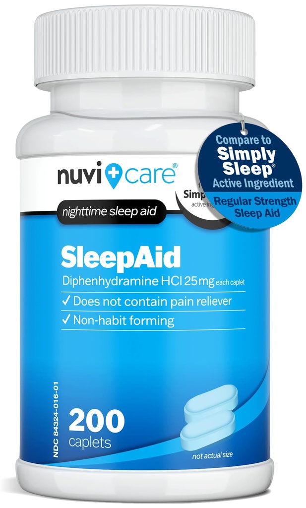 Slaaphulp 's nachts met difenhydramine HCl 25 mg - Non Habit vormend regelmatige kracht slaappillen voor volwassenen - Bevat geen pijnstiller - OTC slaapmiddelen voor volwassenen (200 capleten)