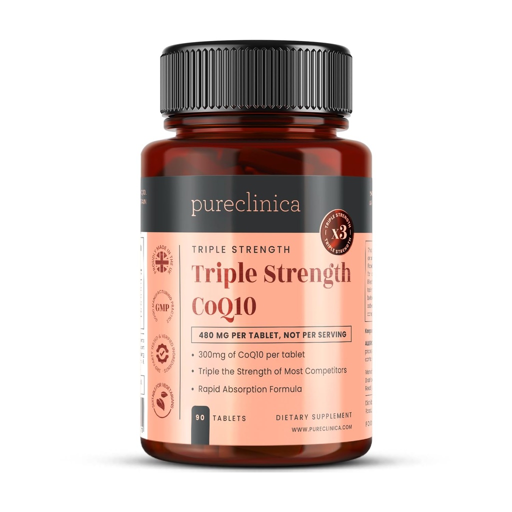 pureclinica Fermented CoQ10 300mg x 90 tabletten. Non GMO, USP Grade. met toegevoegde vitamine C en Black Pepper Extract voor Absorptie.