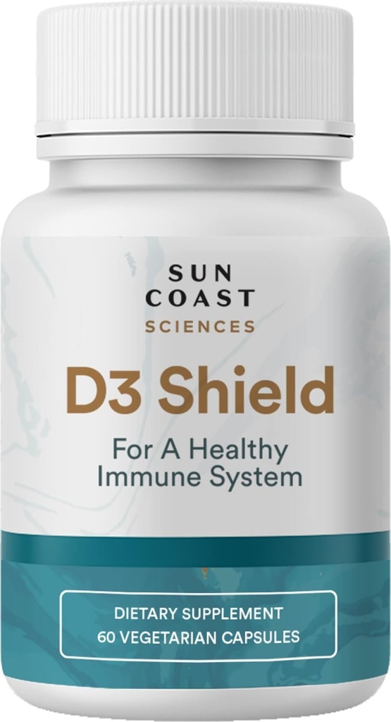 Sun Coast Sciences D3 Shield - Vitamine D3 5000 IE voor Immune Support en Botgezondheid 60 Vegetarische Capsules K2 met 180 mg Calcium Carbonaat Maximale Absorptie