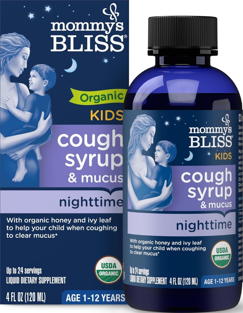 Sirop de toux et de mucus biologiques pour les enfants de maman Bliss pour la nuit, l'agave et le miel, feuille Ivy, zinc, vitamine C, + mélange de nuit Herbal, 4 Fl z