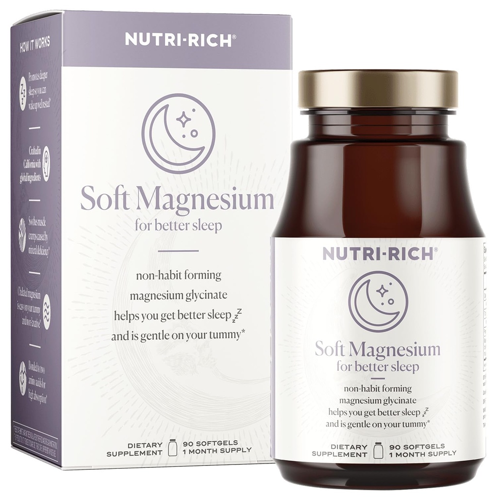 Nutri-Rich Magnésium Glycinat Chélalate, Magnésium 400mg,Vitamine pour mieux dormir, Huile MCT, haute puissance, Absorption facile, Muscle, Santé cardiaque, Relaxation, 90 Compte, Sans gluten, Pas de soja, Non OGM