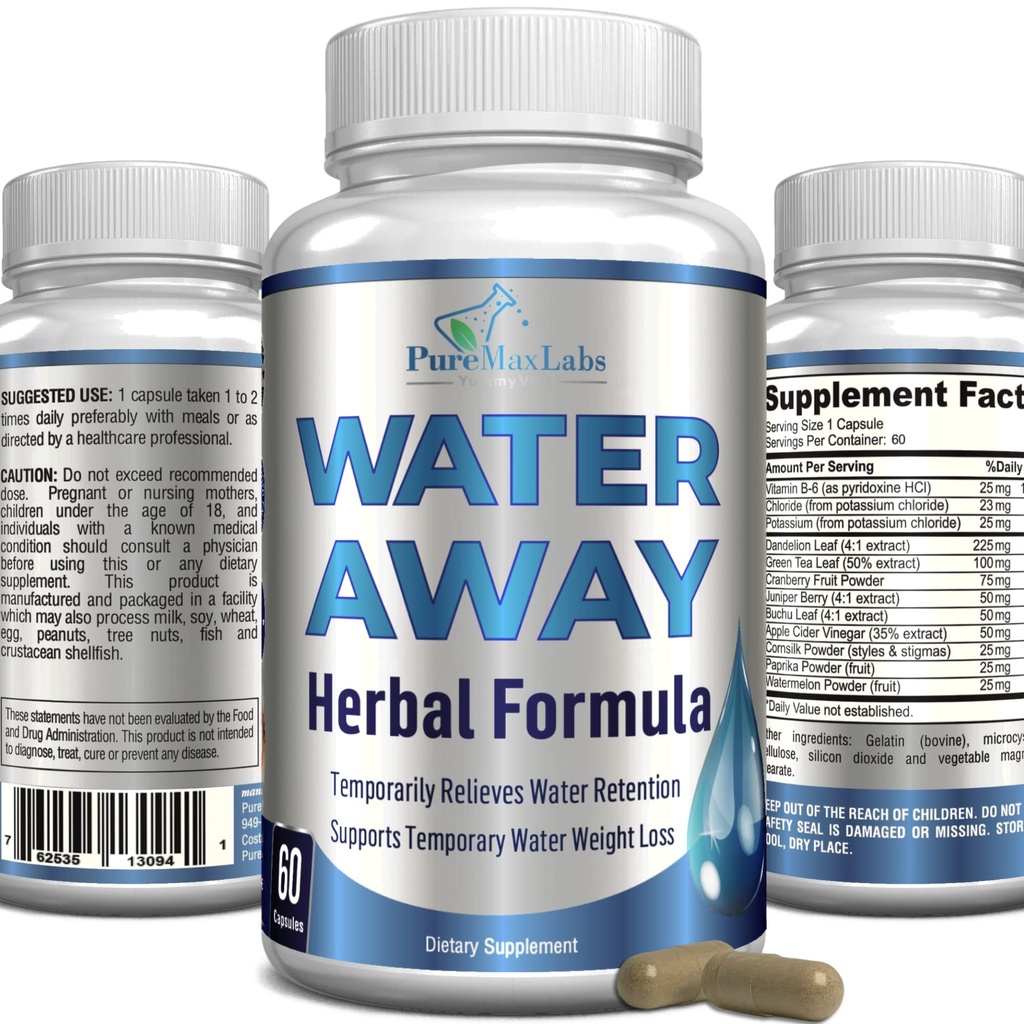 Water Afwezig voorzichtig Herbal Diuretic - Natural Diuretic Water Pillen - Relieve Bloating, Reduce Overtollig Water Gewicht met Dandelion Leaf, Green Tea, Detox Cleanse & Urinary Health. Niet-GMO, 60 capsules